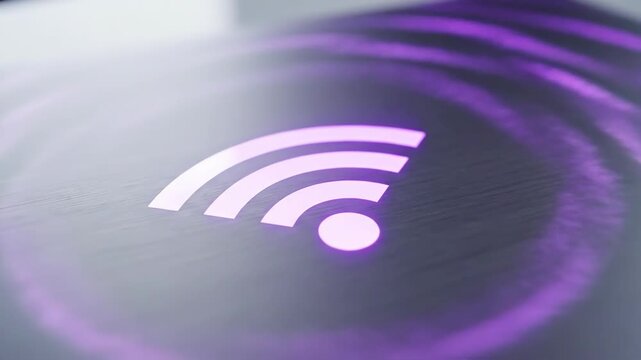 Wi-Fi symbol glowing purple with expanding energy ripples. Wireless internet connection activation and deactivation concept. Modern technology background