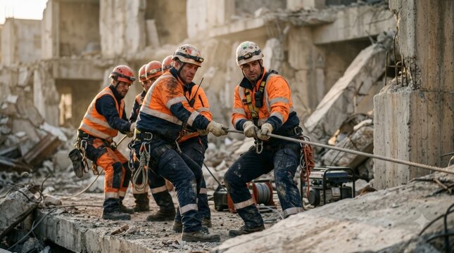A rescue team works together to pull a thick cable amidst the rubble of a disaster zone, wearing protective gear and safety helmets while coordinating their strenuous efforts