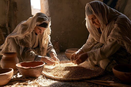 Two women in traditional clothing winnowing grain in a rustic, sunlit room