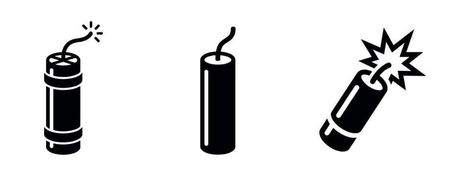 Dynamite stick, lit fuse, and explosion icons set. Dangerous explosive bomb symbols.