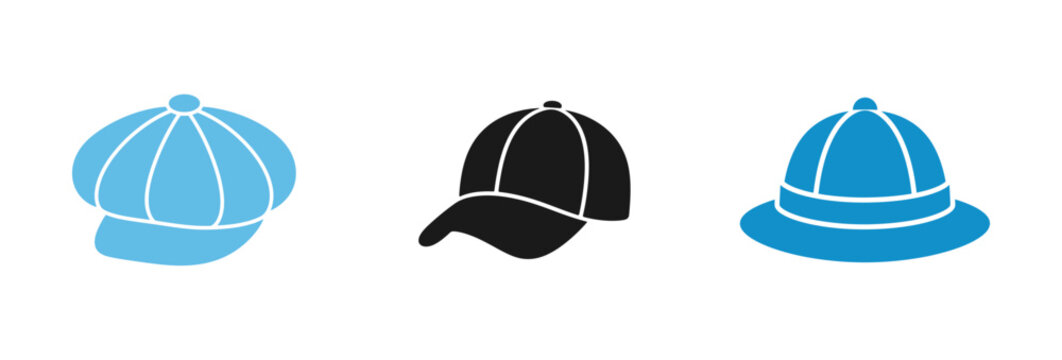 Set of three different hat icons including newsboy cap baseball hat and pith helmet.
