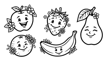 Fototapeta premium Cute Smiling Fruit and Flowers Black and White Cartoon Vector Set