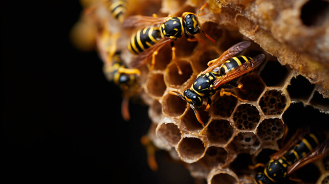 Close up of wasps on a honeycomb nest. Yellow jacket insects on paper hive cells against black background. Macro wildlife photography