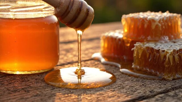 Golden Honey Dripping from Dipper into Jar with Honeycomb