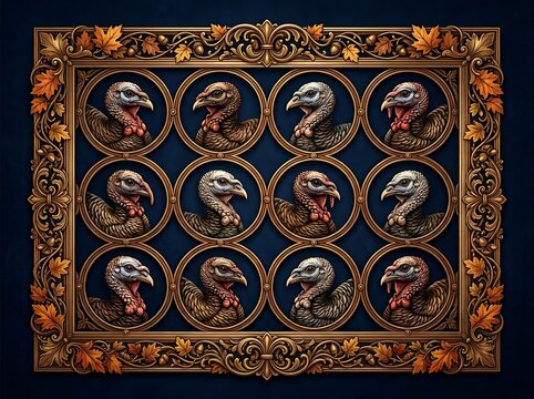 Intricate Artistic Metal Turkeys Design With Ornate Gold Frame Border