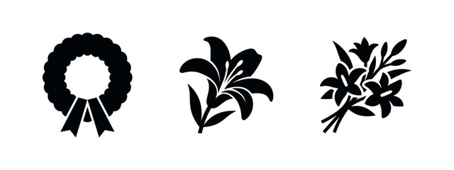 Obraz premium Funeral and Memorial Flowers Icon Set. Wreath, lily, and bouquet silhouettes symbolizing remembrance and loss.