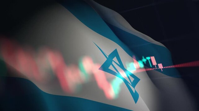 A dynamic timelapse video featuring fast moving stock market candlestick bars blended with a waving Israeli flag, representing Israel economy, Tel Aviv financial markets, and trading dynamics.