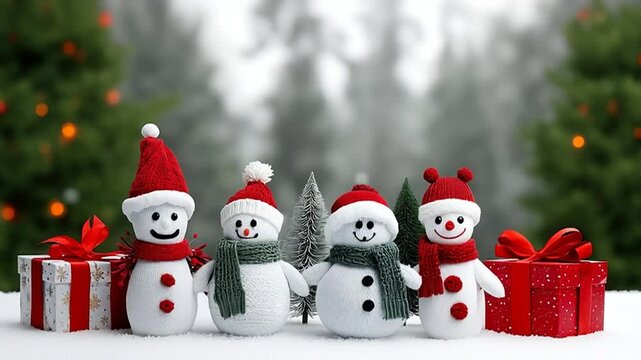 AI-generated video of four cheerful Snow White characters dancing and celebrating together with sparkling gifts and festive Christmas magic.