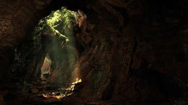 In a cave, light enters from above and illuminates the rocky surface. Green plants grow on the walls, creating a natural scene. The cave has rough textures and dark areas.