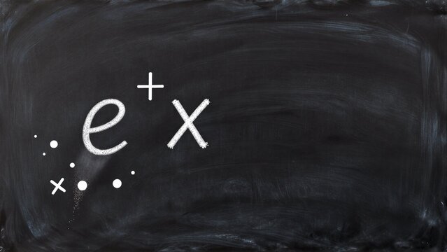 Chalkboard displays mathematical expression ex with scattered dots and a plus sign.