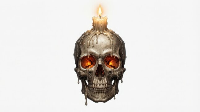 A detailed human skull with glowing fire eyes and a burning flame on top isolated for your spooky halloween celebration