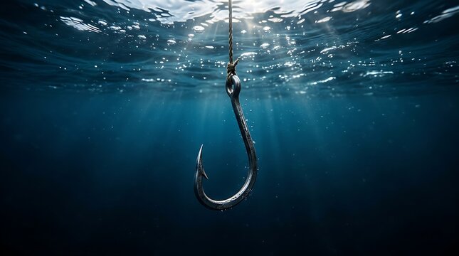 Underwater fishing hook dangling in deep blue ocean water with light rays shining down