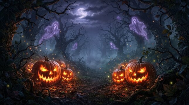 A spooky halloween background featuring glowing carved jack o lanterns in a dark misty forest with ghostly spirits and moonlight