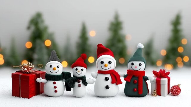 AI-generated video of four cheerful Snow White characters dancing and celebrating together with sparkling gifts and festive Christmas magic.
