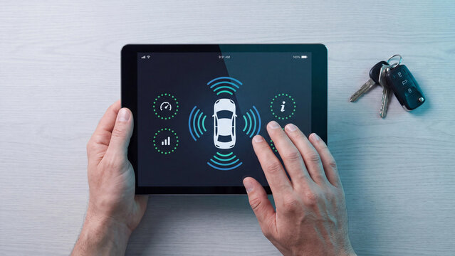 Smart car technology and autonomous vehicle system on tablet. Hands touching digital screen showing connected car with radar sensors and icons for automotive innovation, control and safety