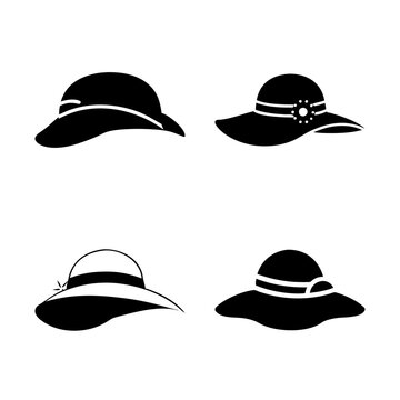 Four stylish black and white sun hats collection - A clean, minimalist vector illustration showing four different black and white sun hats with varied designs and brims.