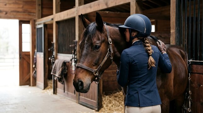 Young female equestrian wearing blue riding gear gently hugs her beautiful brown horse inside a rustic wooden stable during daylight