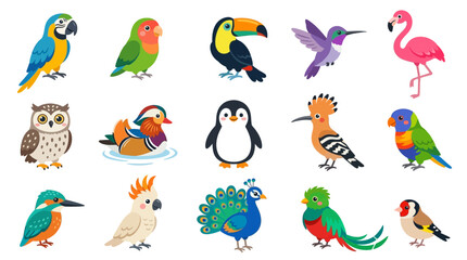 Fototapeta premium Colorful Cartoon Birds Collection: Parrot, Toucan, Flamingo, Owl, Penguin & More