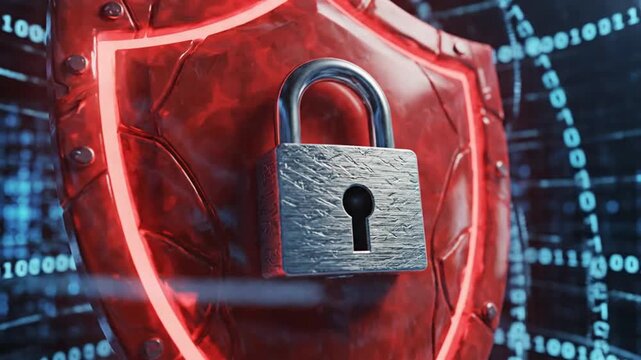 Red glowing shield with padlock and digital binary code