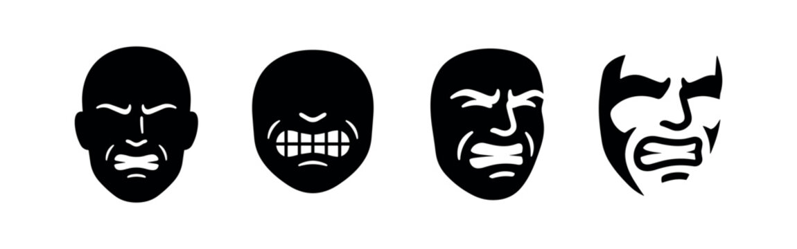 Angry and Frustrated Human Face Silhouette Icons Set. Gritting Teeth Facial Expression Vector Illustration.