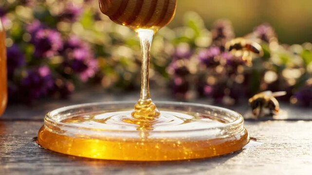 Golden Honey Drizzling from Wooden Dipper into Jar with Bees Flying