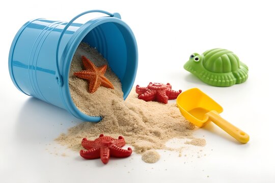 Blue bucket spilling sand with starfish and beach toys on a white background