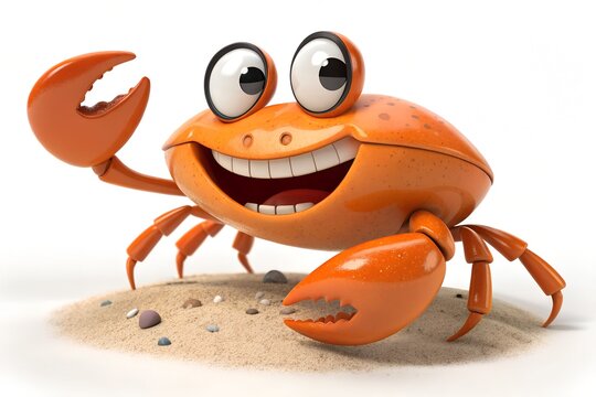 Happy cartoon crab character waving on a sandy beach background with sea animal