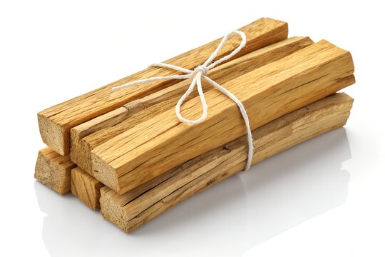 Bundle of palo santo wood sticks tied with string on a white background