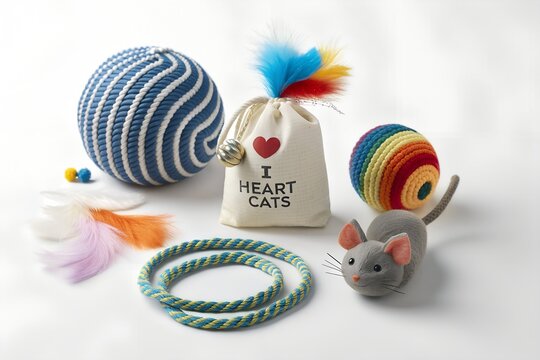 Assorted cat toys including yarn balls and a mouse on white background