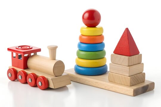 Wooden toy train with colorful stacking rings and geometric shapes