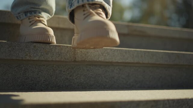 Close up of person feet in light blue jeans and beige boots walking down concrete steps. focus remains on texture detail laces and sole design as each step is captured. Soft natural lighting
