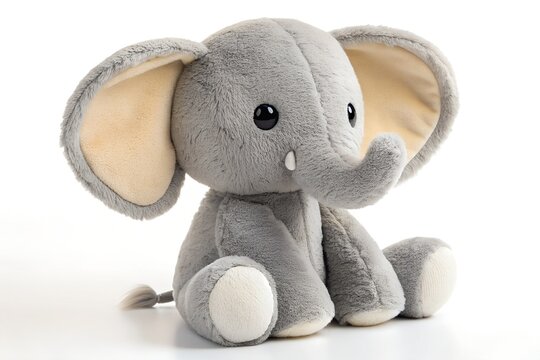 Cute gray stuffed elephant plush toy sitting on a white background with baby toy