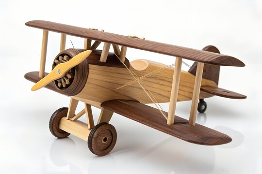 Handmade wooden biplane toy model with spinning propeller, a detailed model