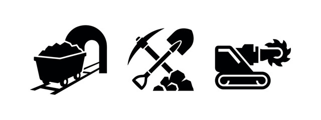 Set of mining industry icons including mine cart tools and machinery © Lili