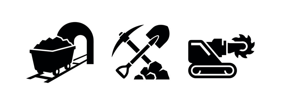 Set of mining industry icons including mine cart tools and machinery
