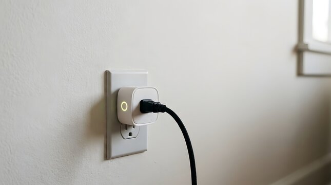 Modern smart plug adapter with illuminated LED status ring inserted in wall electrical outlet, black cable connected, home automation energy management technology concept with copy space.