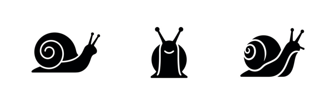 Snail vector icons set, depicting the slow-moving gastropod with its spiral shell.