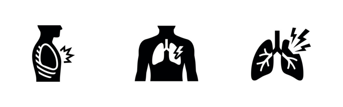Minimalist black human lungs with pain icon set, representing lung disease, respiratory illness, and discomfort.