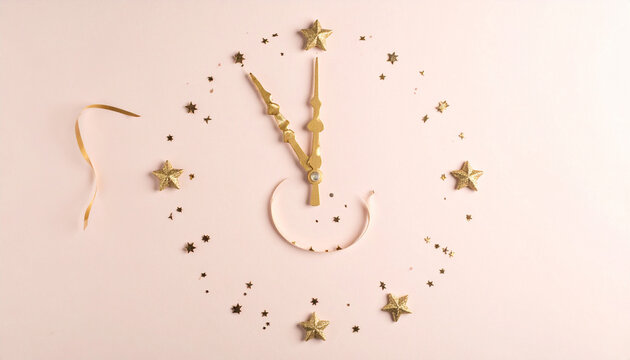 A conceptual, minimalist clock made from gold stars and ribbons on a soft pink background. This festive, elegant composition evokes excitement for New Year celebrations. Nobody present, no people.