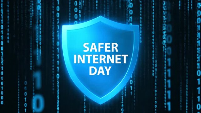 Safer Internet Day blue shield on binary code background