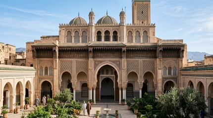 Obraz premium Marrakech Medersa Courtyard with Arches, Domes and Minaret - Moroccan Architecture