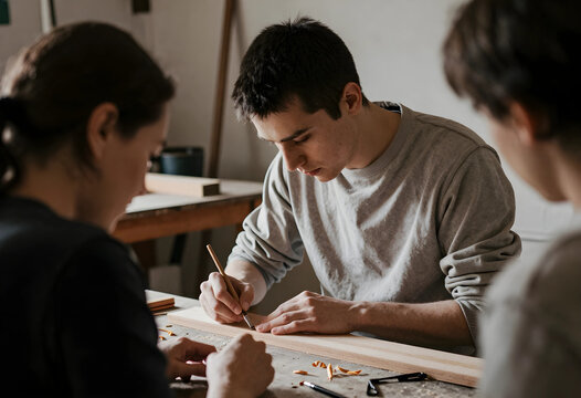 Vocational training and craftsmanship, young apprentice learning woodworking skills with a mentor in a workshop for manual arts and creative education