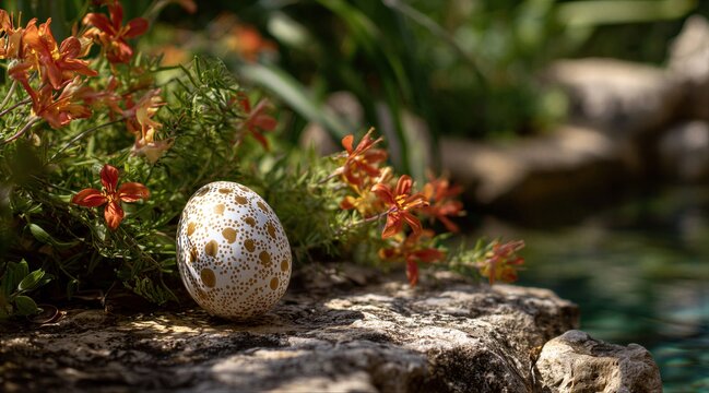 Decorated white and gold Easter egg on a rock by a garden pond. Spring holiday background with orange flowers and water. Selective focus outdoor shot