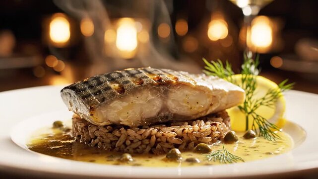 Grilled fish fillet served with rice and caper sauce in a restaurant