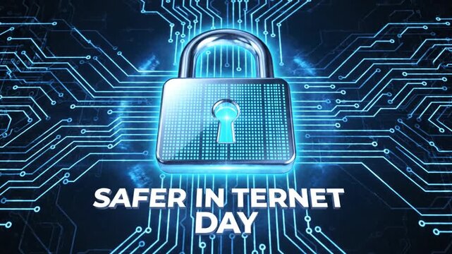 Safer Internet Day digital padlock on glowing circuit background