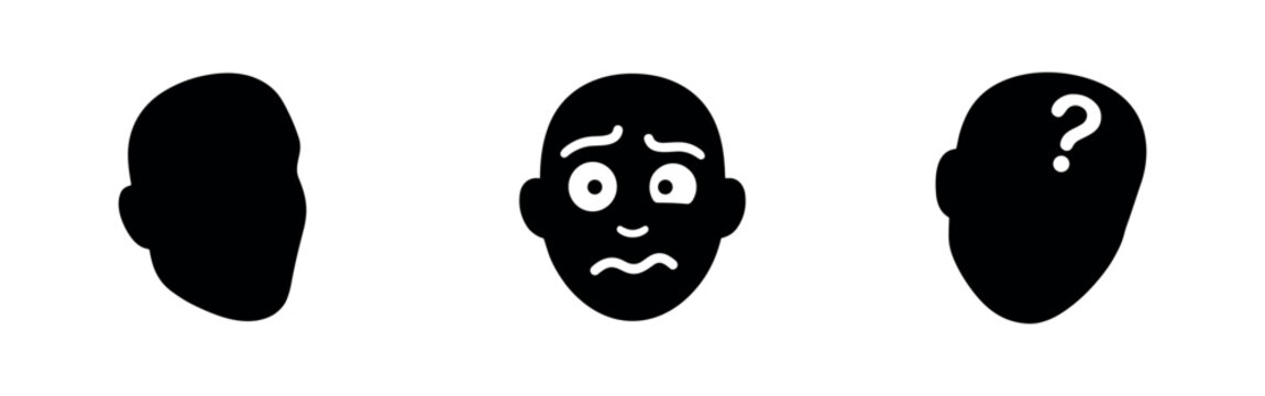 Set of confused and questioning face icon silhouettes, depicting doubt and uncertainty.