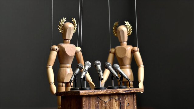 Wooden puppets with laurels stand behind microphones, symbolizing controlled public figures.