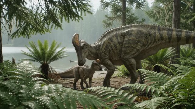 Adult Lambeosaurus Dinosaur And Calf Standing Together By A Forested Lake