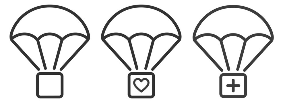 Charity and aid delivery icons. Parachute package with heart and cross symbol. Outline vector illustration on transparent background