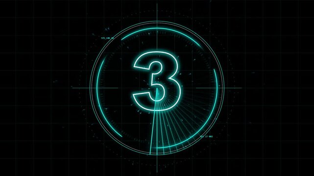 Motion graphics animation countdown timer with neon glow on dark modern background for broadcast commercial, corporate promo, YouTube intro opener.